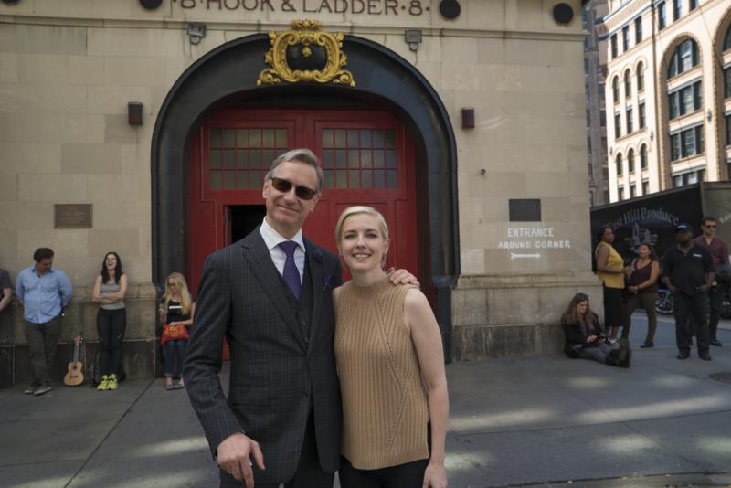 Director/writer Paul Feig poses with screenwriter Katie Dippold in front of the iconic fire station 8 on the set. Photo courtesy: Columbia Pictures